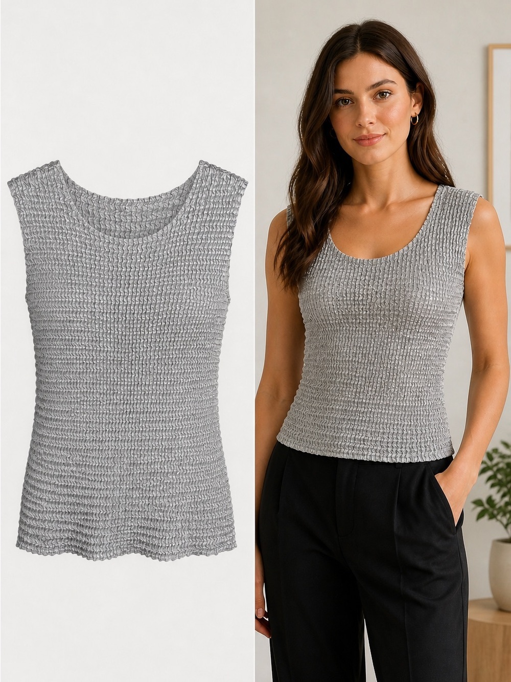 NICOLA | Gray Textured Sleeveless Top | Crinkle Stretch | XL